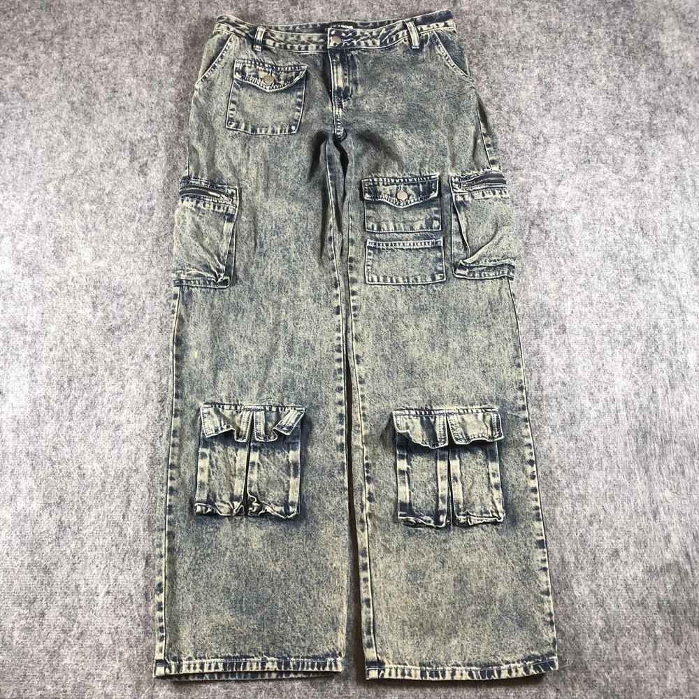 Fashion Nova Jeans Juniors 11 Blue Acid‎ Wash High Rise Wide Leg Cargo Denim